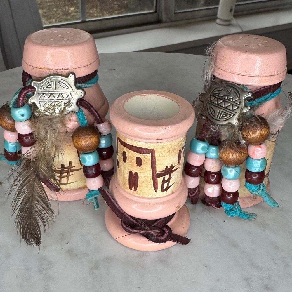 Handmade Southwest Salt Pepper Shakers Toothpick Holder‎ Pink Painted Wood